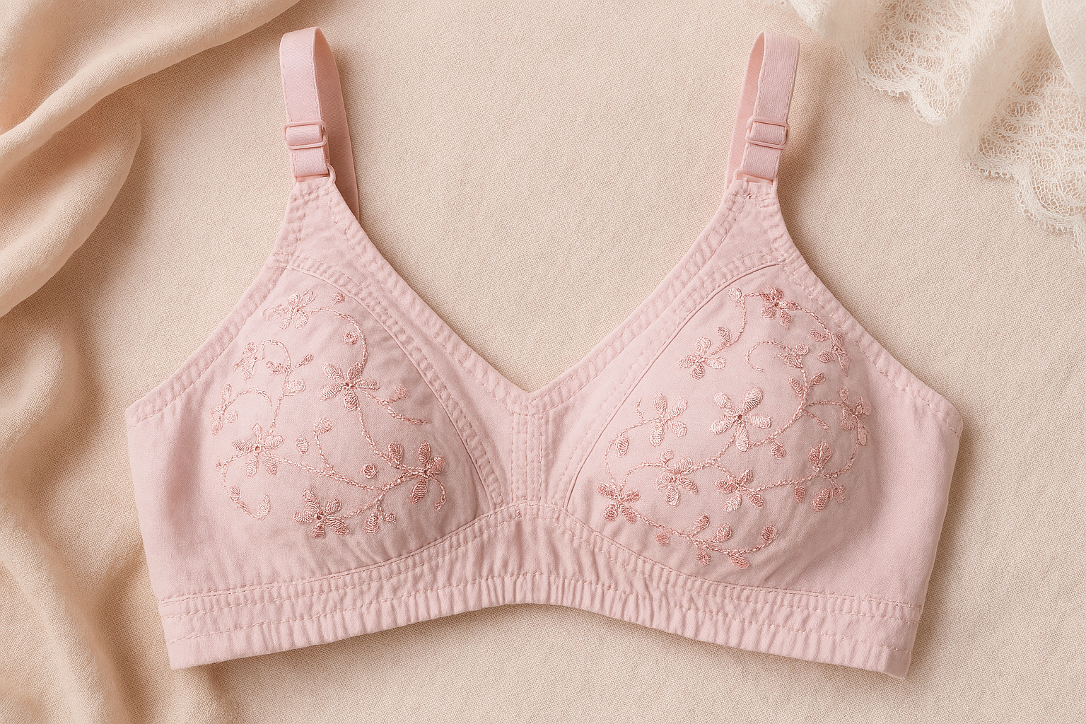 01 PCs Cotton Embroidered Chikan Bra for Women ? Soft Breathable Fabric, Floral Design, Adjustable Straps, 2-Hook Closure, Daily Wear