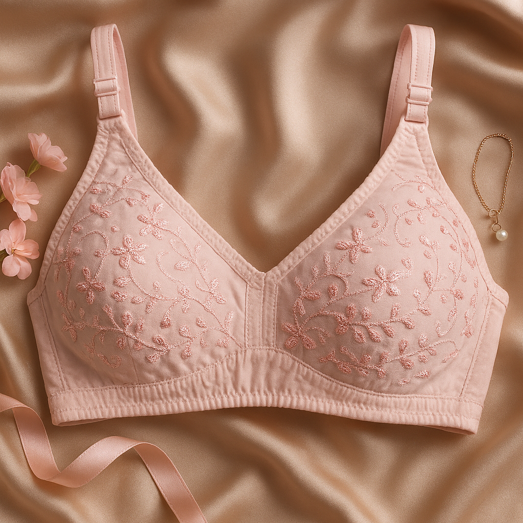 01 PCs Cotton Embroidered Chikan Bra for Women ? Soft Breathable Fabric, Floral Design, Adjustable Straps, 2-Hook Closure, Daily Wear