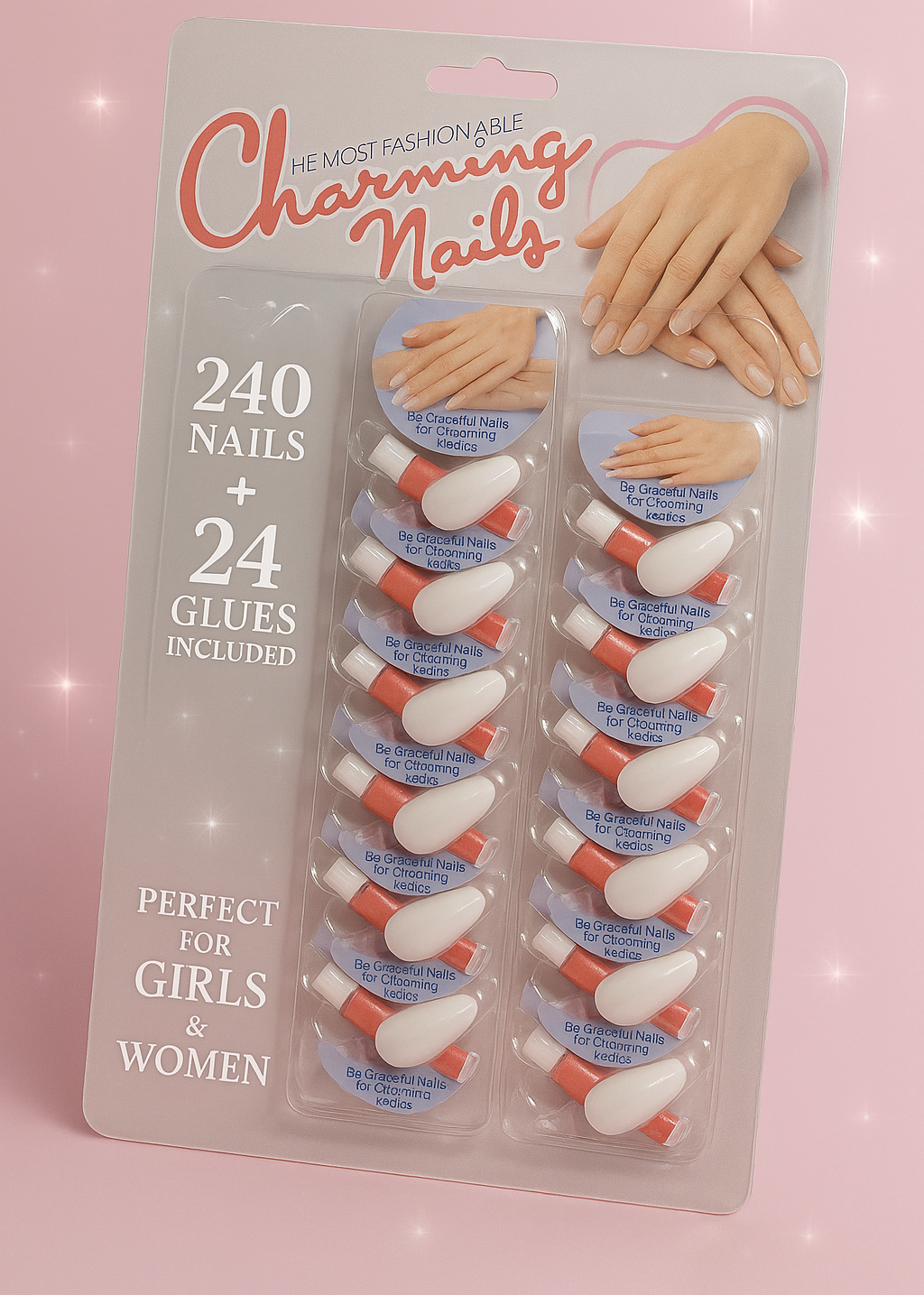 Pack of 24 Charming Artificial Nails with Glue ? 240 Nails &amp; 24 Glues Total, Beautiful Nail Extensions for Girls &amp; Women (Random color)