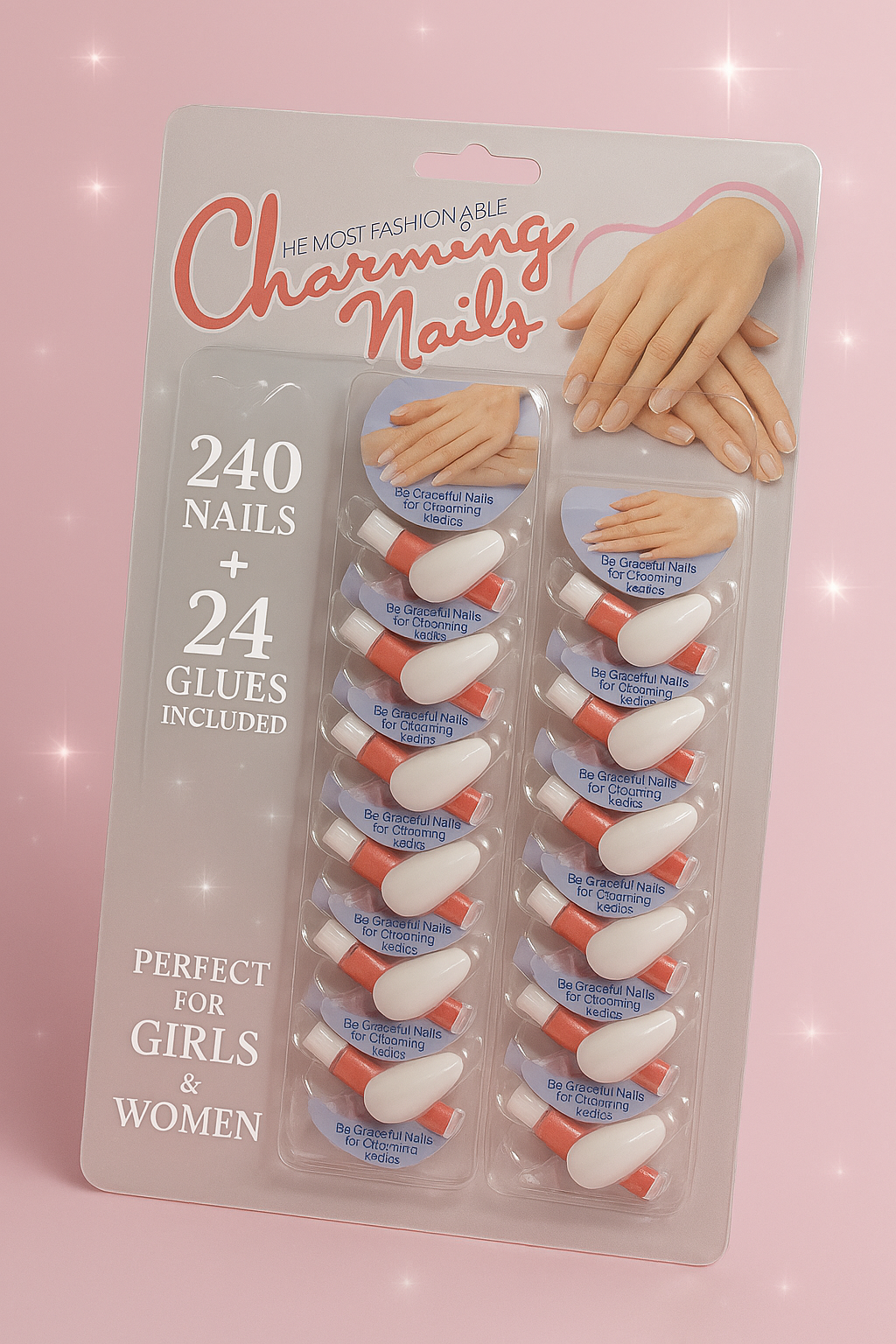 Pack of 24 Charming Artificial Nails with Glue ? 240 Nails &amp; 24 Glues Total, Beautiful Nail Extensions for Girls &amp; Women (Random color)