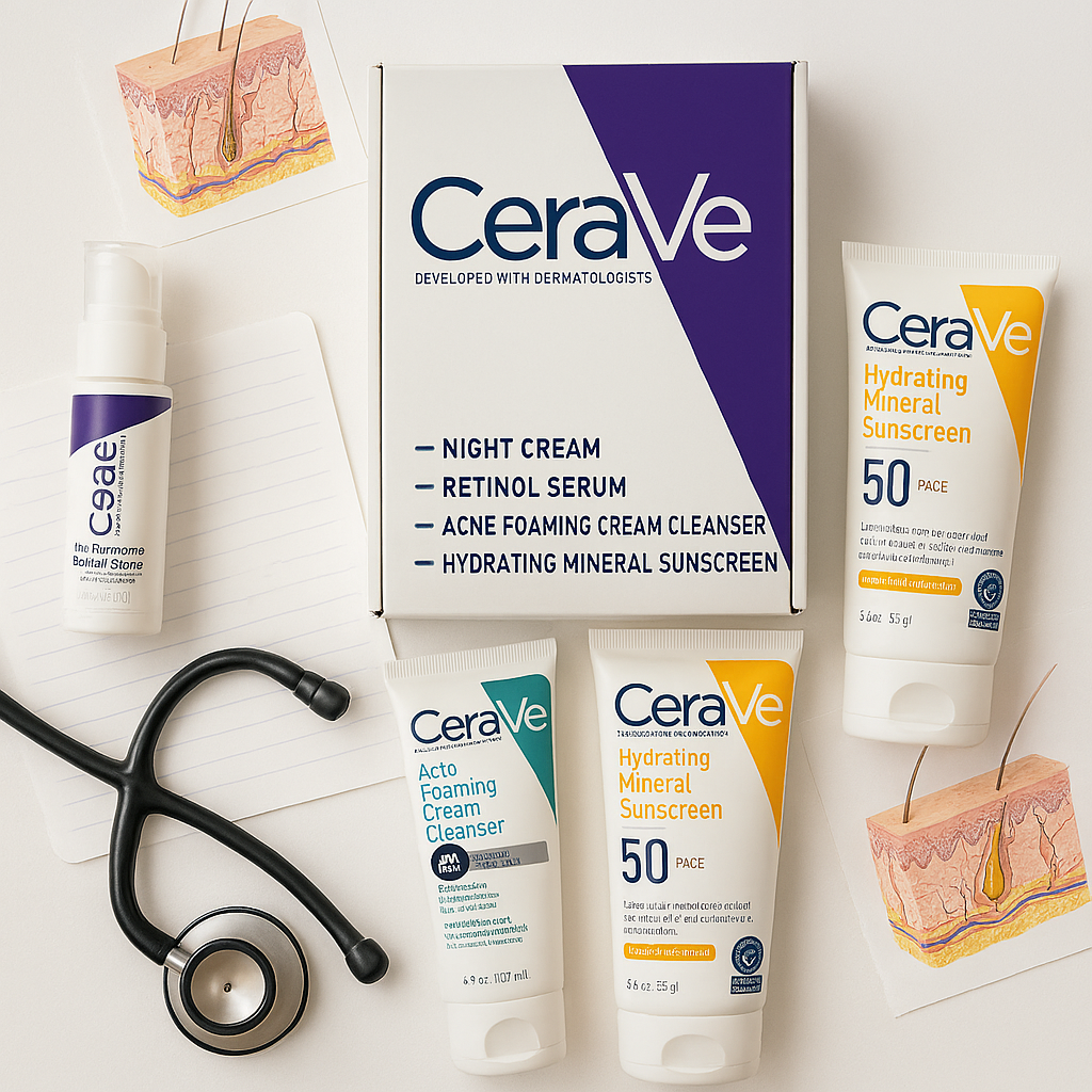 CeraVe Skincare Set ? Night Cream, Retinol Serum, Acne Foaming Cream Cleanser, and Hydrating Mineral Sunscreen SPF 50 ? Dermatologist Developed
