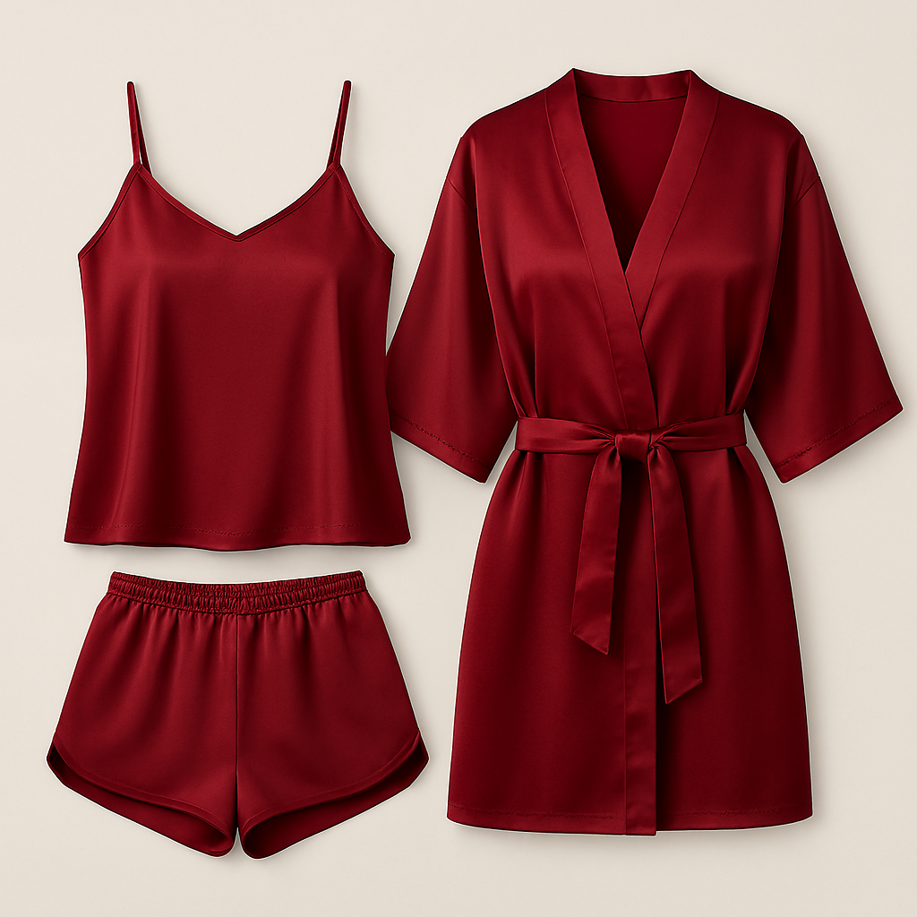 3-Piece Satin Sleepwear Set for Women ? Camisole, Shorts &amp; Robe | Elegant Nightwear &amp; Loungewear ? Free Size (DC-3003)