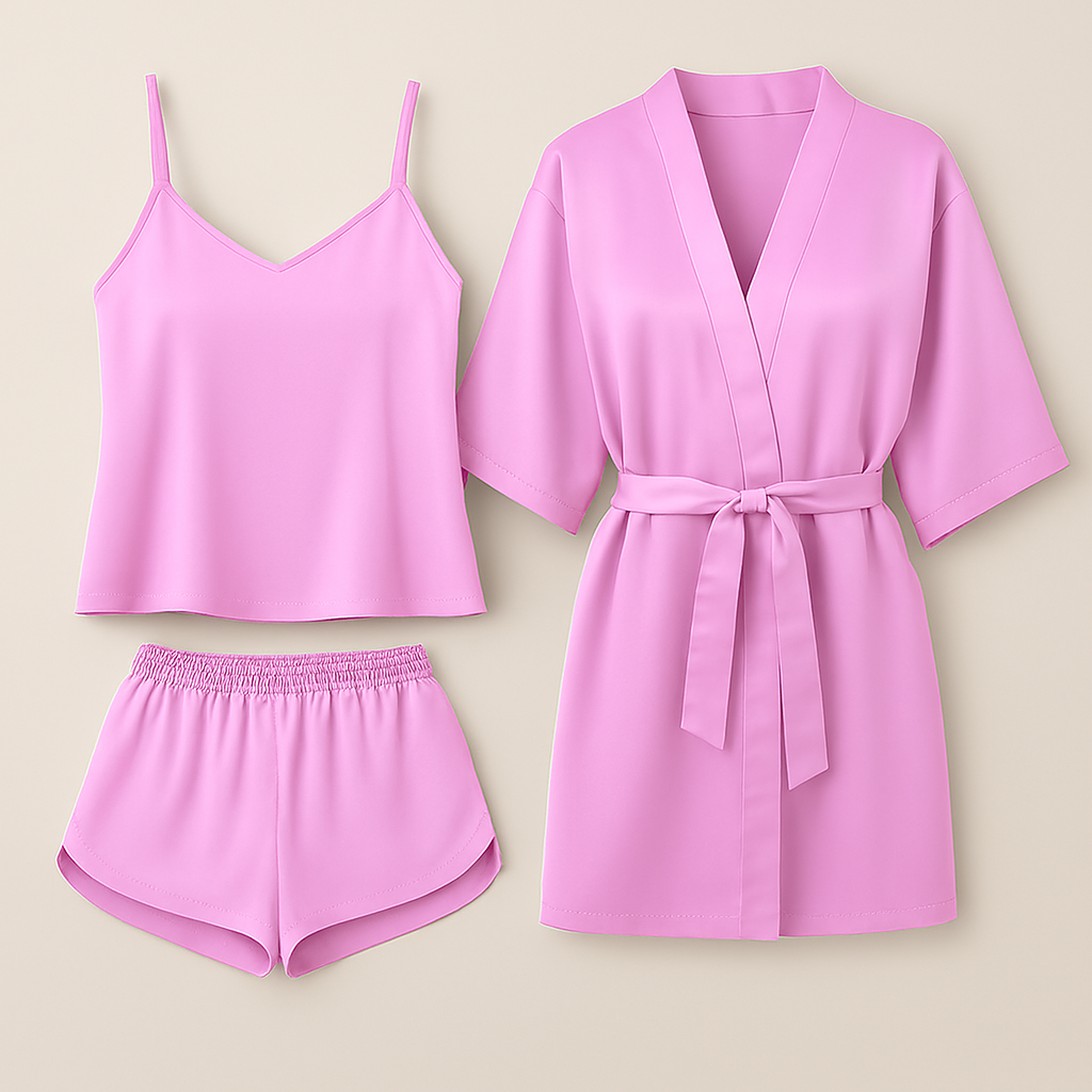 3-Piece Satin Sleepwear Set for Women ? Camisole, Shorts &amp; Robe | Elegant Nightwear &amp; Loungewear ? Free Size (DC-3003)