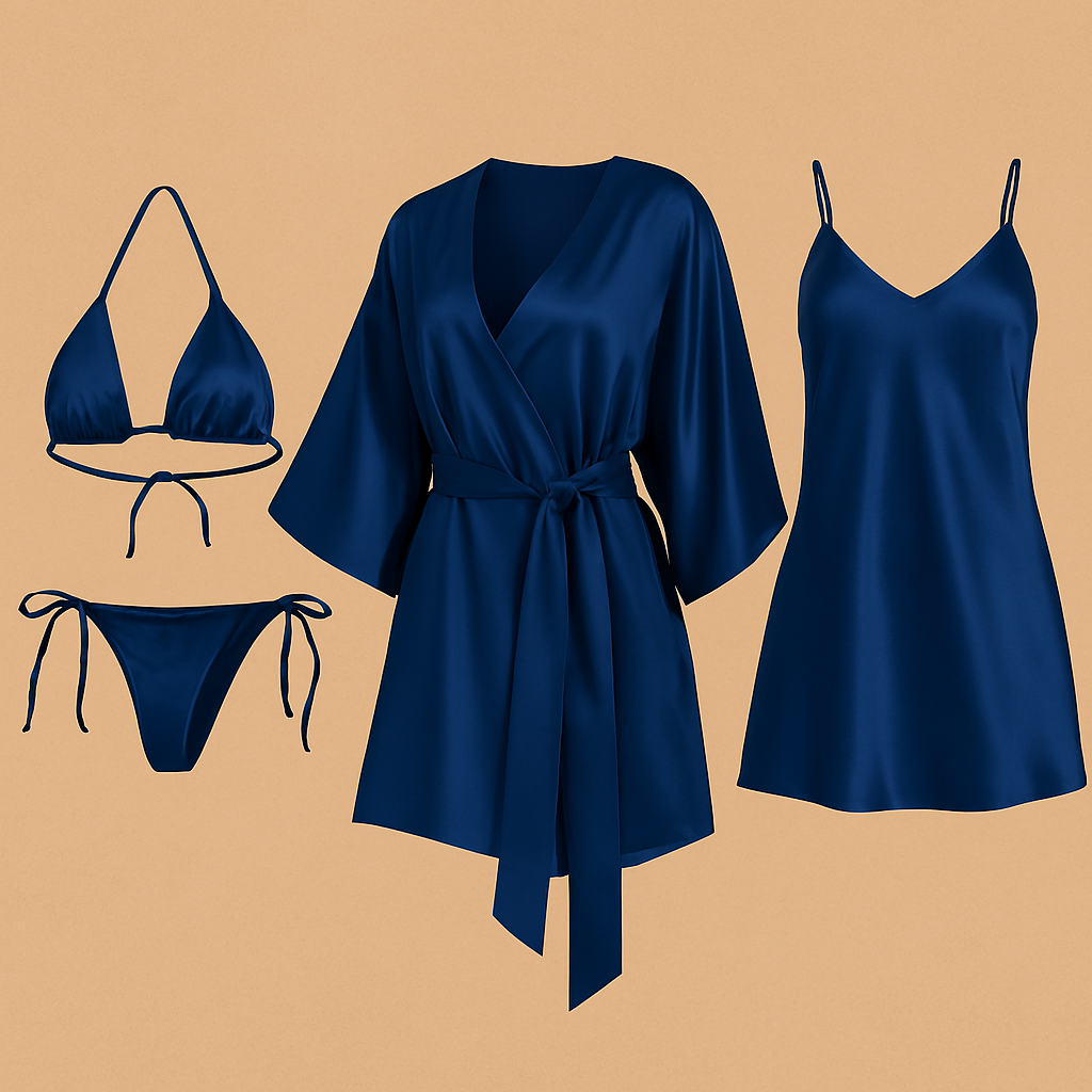 4 PCs-Style Satin Lingerie Set ? Bikini, Slip Dress &amp; Robe Combo ? Free Size (DC-4001)
