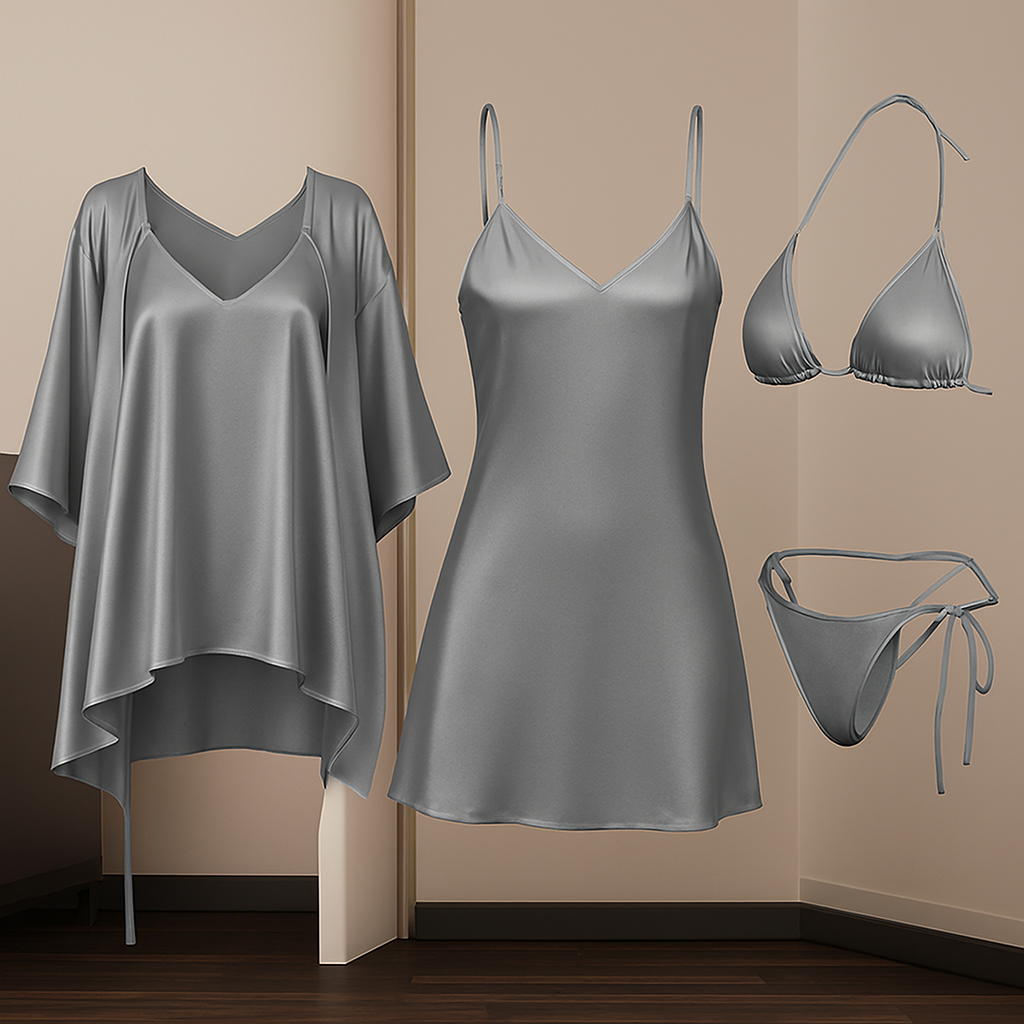 Luxury Satin Sleepwear Trio for Women | Robe, Slip Dress &amp; Halter Bikini Set | Free Size (DC-5001)