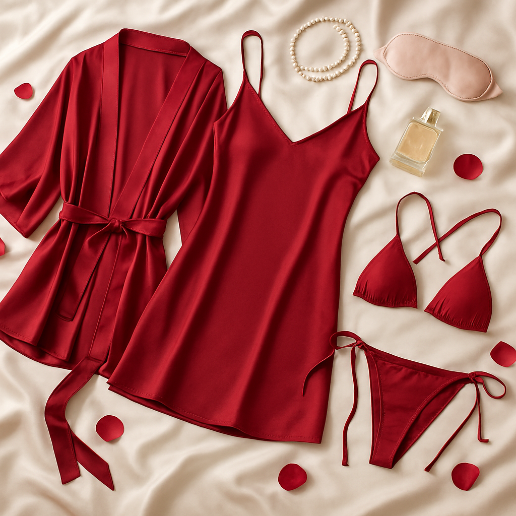 Luxury Satin Sleepwear Trio for Women | Robe, Slip Dress &amp; Halter Bikini Set | Free Size (DC-5001)