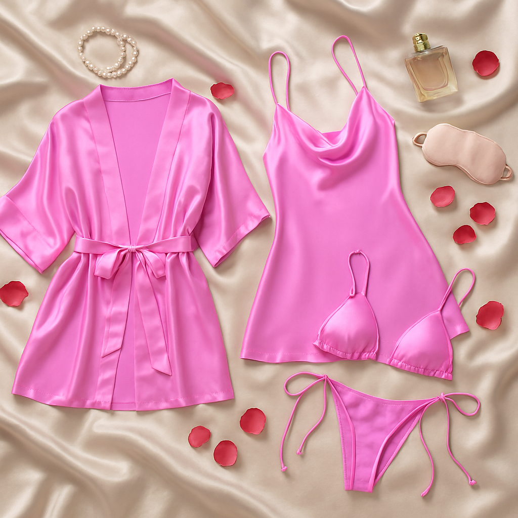 Luxury Satin Sleepwear Trio for Women | Robe, Slip Dress &amp; Halter Bikini Set | Free Size (DC-5001)