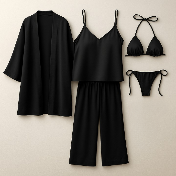 5-Piece Satin Sleepwear Set ? Robe, Camisole, Pants &amp; Bikini Nightwear ( DC-5002)