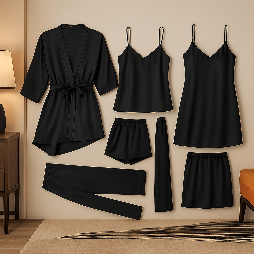 5-Piece Satin Sleepwear Set ? Robe, Camisole, Shorts, Pants &amp; Slip Dress (DC-5002)