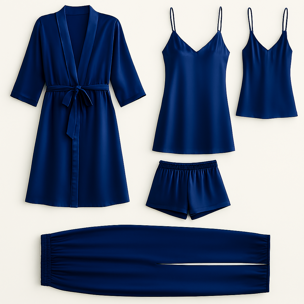 5-Piece Satin Sleepwear Set ? Robe, Camisole, Shorts, Pants &amp; Slip Dress (DC-5002)