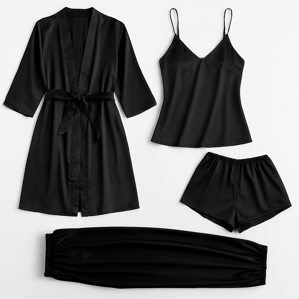 5-Piece Satin Sleepwear Set ? Robe, Camisole, Shorts, Pants &amp; Slip Dress (DC-5002)