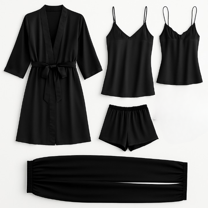 5-Piece Satin Sleepwear Set ? Robe, Camisole, Shorts, Pants &amp; Slip Dress (DC-5002)