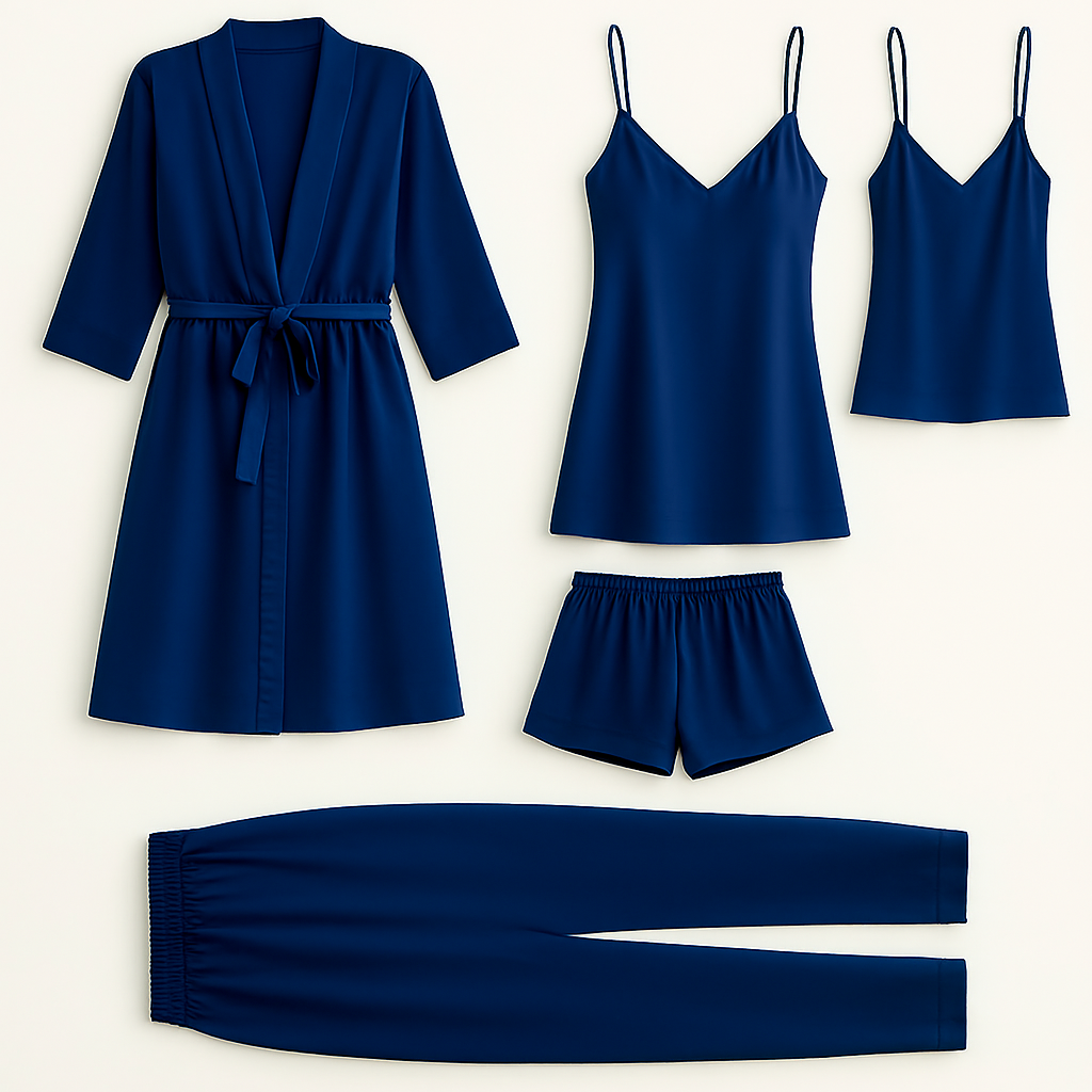 5-Piece Satin Sleepwear Set ? Robe, Camisole, Shorts, Pants &amp; Slip Dress (DC-5002)