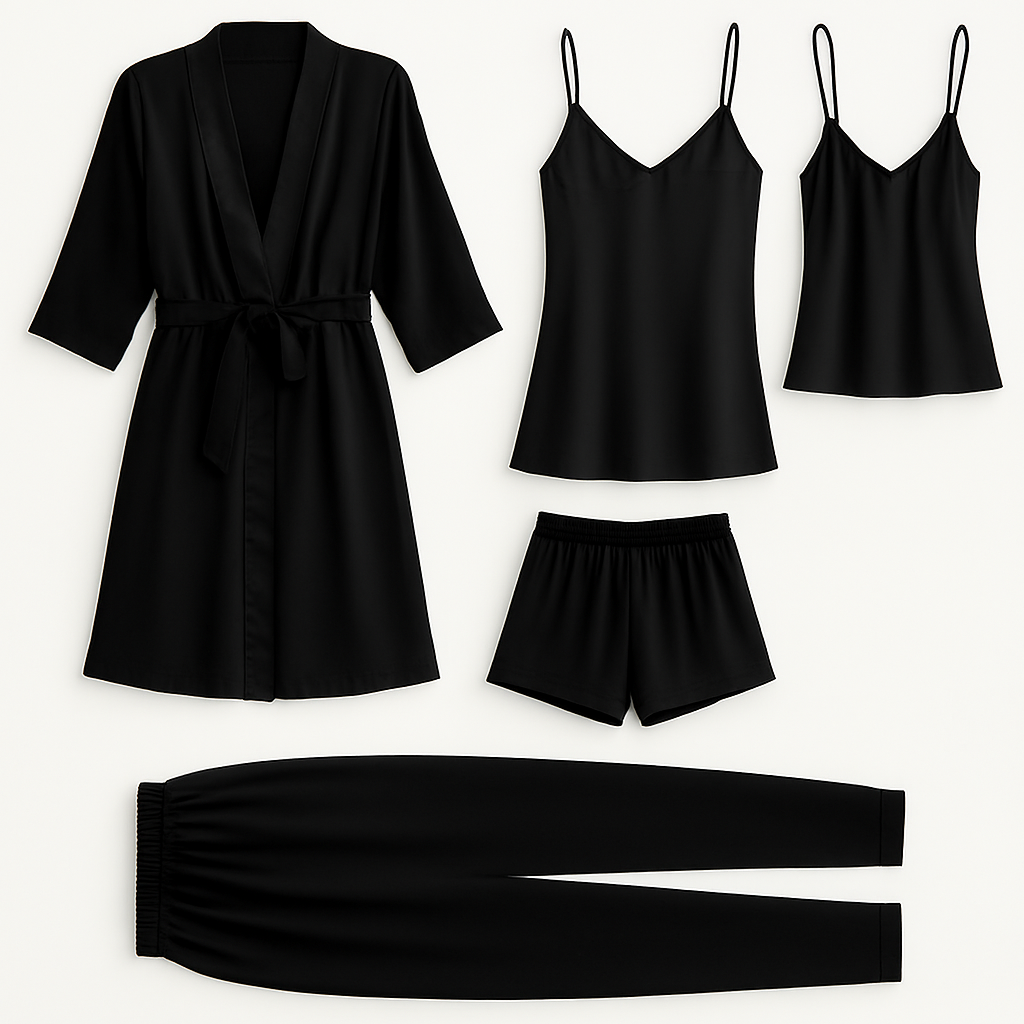 5-Piece Satin Sleepwear Set ? Robe, Camisole, Shorts, Pants &amp; Slip Dress (DC-5002)