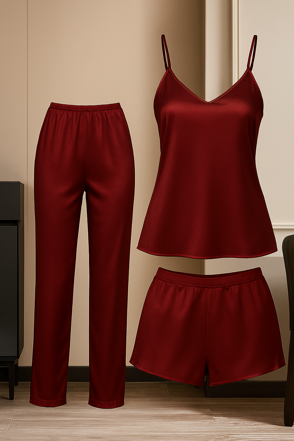  3-Piece Satin Sleepwear Set for Women | Camisole with Pajama &amp; Shorts Combo | Free Size 28?38 | Available in Maroon, Black &amp; Blue (DC-3005)