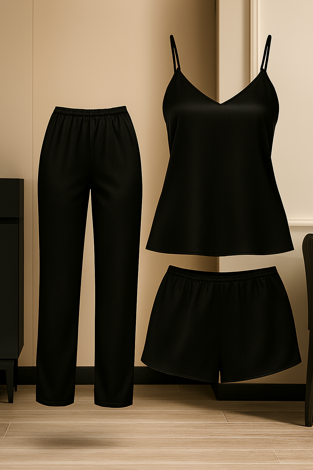  3-Piece Satin Sleepwear Set for Women | Camisole with Pajama &amp; Shorts Combo | Free Size 28?38 | Available in Maroon, Black &amp; Blue (DC-3005)