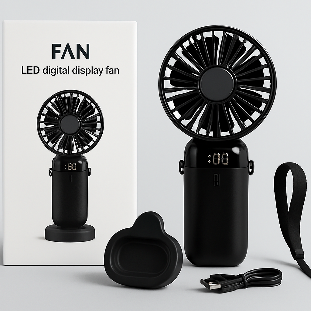 LED Digital Display Rechargeable Fan with USB Cable ? Portable Mini Cooling Fan with Adjustable Speed, Battery Indicator &amp; Easy Charging (random color)