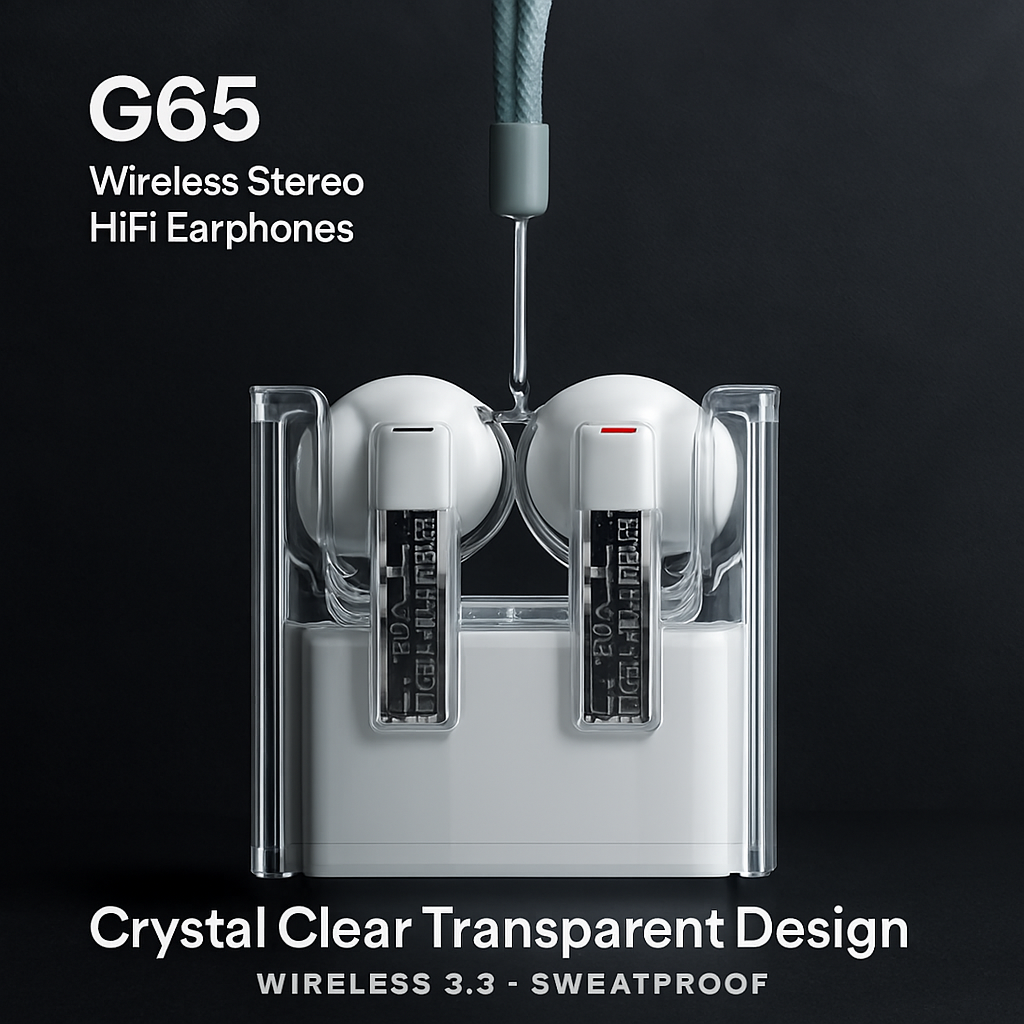 G65 Wireless Stereo HiFi Earphones ? Bluetooth 5.3, Transparent Design, ANC, Sweatproof, Built-in Microphone, 7-Hour Battery