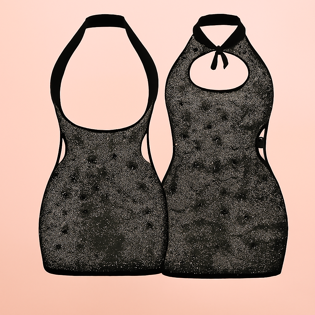 Sheer Glitter Halter Mini Dress ? Keyhole Front, Open Back, Body Stocking Style (Black, Free Size)