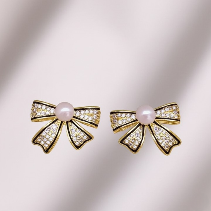 PJT-995 Bow Shape Zircon Pearl Earrings for Women ? Korean Style Jewelry with Sparkling Zircon &amp; Classic Pearl Center | Available in Golden &amp; Silver | Perfect Gift for Parties, Weddings &amp; Everyday Fashion