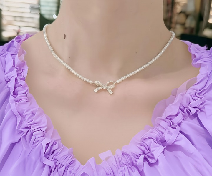 PQT-992 - Bow Shape Pearl Pendant Necklace for Women ? Dainty Jewelry with Sparkling Bow Design | Available in Silver &amp; Golden Finish | Perfect Gift for Weddings, Parties &amp; Everyday Glamour