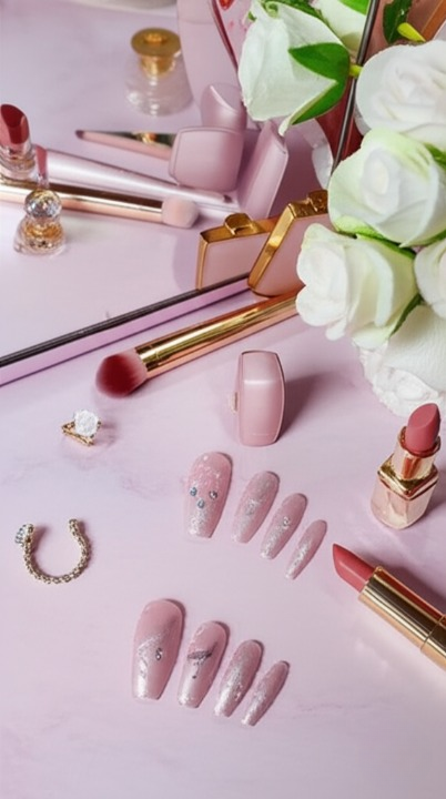 Luxury Pink Nail Tips Set ? 12 PCS False Nails with Glitter &amp; Rhinestone Design | Elegant Salon-Style Press-On Nails for Parties, Weddings &amp; Everyday Fashion