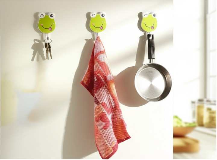 Pack Of 3 Self Adhesive Wall Hooks ? Waterproof Cartoon Sticky homes for Home &amp; Kitchen | Heavy Duty Multipurpose Storage Hooks | Easy No-Drill Installation | Strong Adhesive for Glass, Wood, Plastic, Stainless Steel | (Random Color)