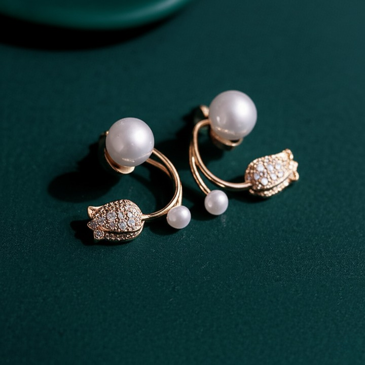 Beautiful Pearl Zircon Korean Flower Earrings for Women ? Elegant Floral Design with Sparkling Zircon and Pearl Detailing | Premium Silver and Golden Fashion Jewelry for Parties, Weddings, and Daily Wear | AWT-999