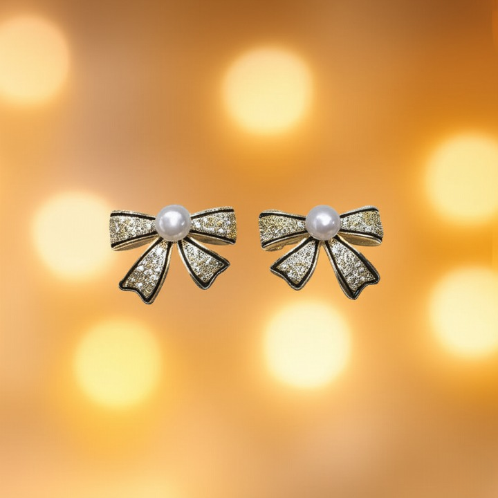 PJT-995 Bow Shape Zircon Pearl Earrings for Women ? Korean Style Jewelry with Sparkling Zircon &amp; Classic Pearl Center | Available in Golden &amp; Silver | Perfect Gift for Parties, Weddings &amp; Everyday Fashion