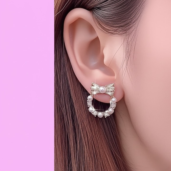 Pearl Bow Korean Zircon Earrings for Women ? Elegant Bowknot Design with Sparkling Zircon and Pearl Accents | Premium Golden and Silver Fashion Jewelry for Weddings, Parties, and Everyday Wear | AXT-100