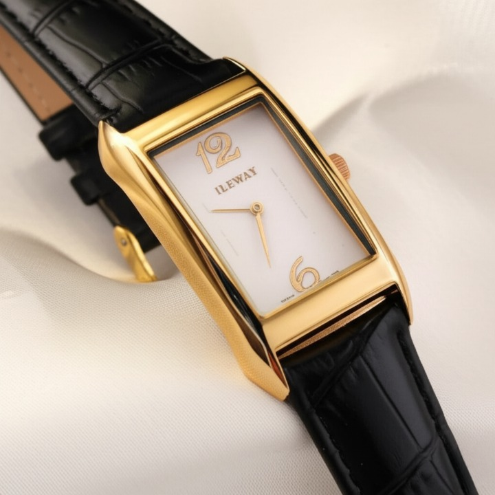 ILEWAY Luxury Rectangle Dial Waterproof Watch ? Gold-Tone Case, Black Leather Strap, Analog Display Without Box