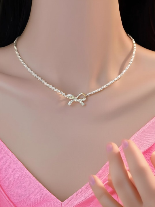PQT-992 - Bow Shape Pearl Pendant Necklace for Women ? Dainty Jewelry with Sparkling Bow Design | Available in Silver &amp; Golden Finish | Perfect Gift for Weddings, Parties &amp; Everyday Glamour