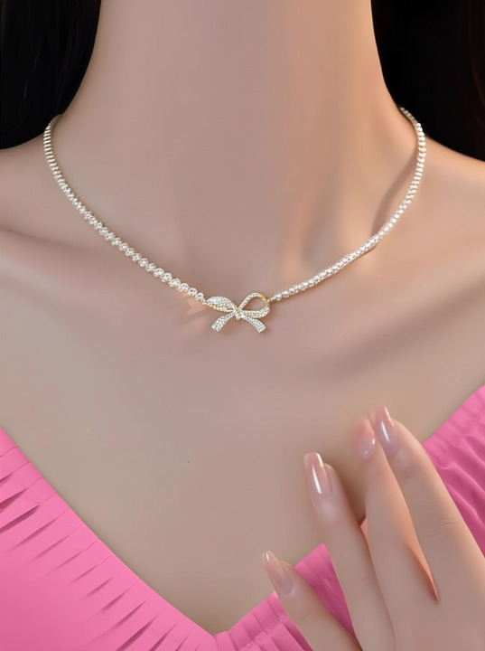 PQT-992 - Bow Shape Pearl Pendant Necklace for Women ? Dainty Jewelry with Sparkling Bow Design | Available in Silver &amp; Golden Finish | Perfect Gift for Weddings, Parties &amp; Everyday Glamour