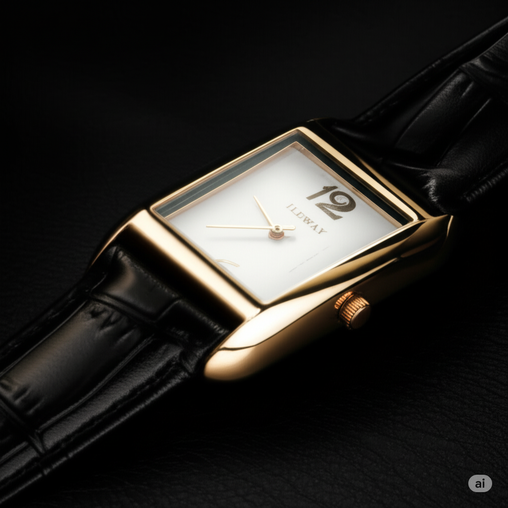 ILEWAY Luxury Rectangle Dial Waterproof Watch ? Gold-Tone Case, Black Leather Strap, Analog Display Without Box