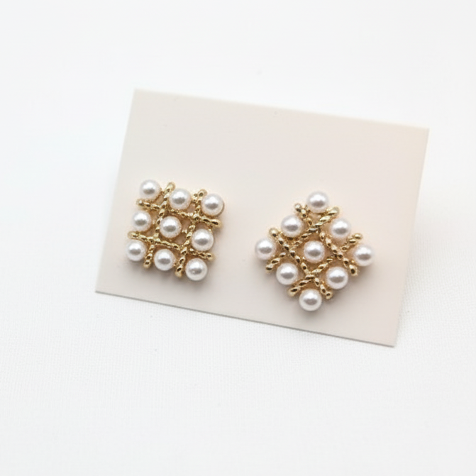 Pearl Square Korean Earrings ? Elegant Women?s Fashion Jewelry in Silver and Golden Colors PJT-106