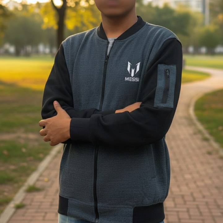 New Winter Collection Charcoal Grey Messi Printed Zipper Jacket for Men &amp; Boys ? Premium French Fleece, Smart Fit, Stylish &amp; Comfortable Winter Wear