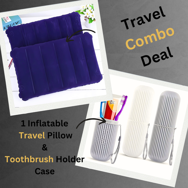 Travel Combo Deal - Travel Portable comfortable Inflatable Air Pillow Cushion &amp; Portable Toothbrush Holder Case ( Random color )
