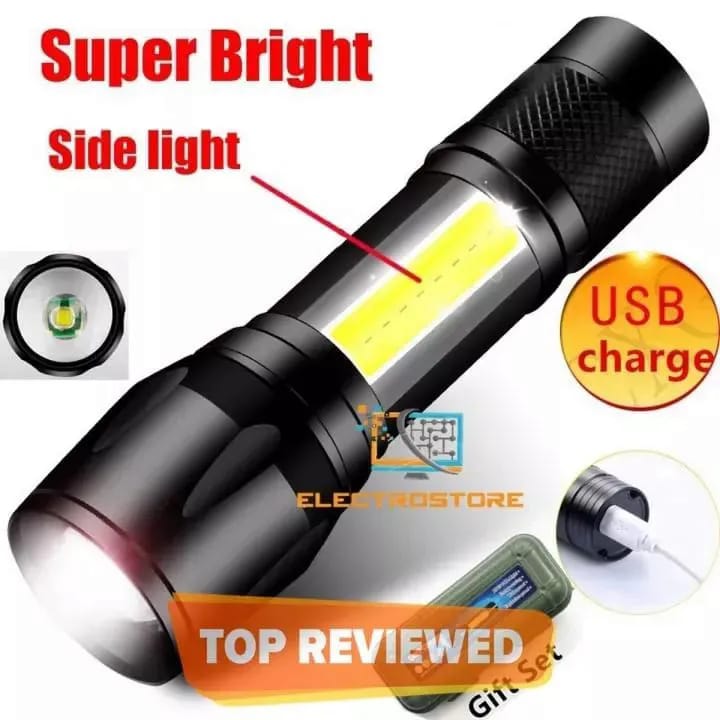 Super Bright USB Rechargeable Plastic Flashlight with Side Light ? Compact, Durable &amp; Powerful LED Torch