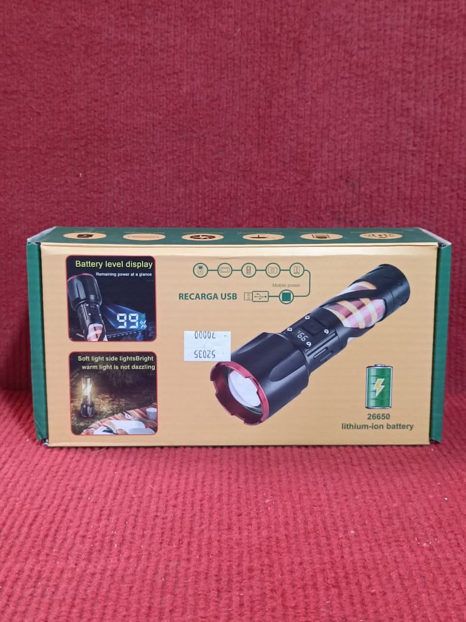 Long Range LED Rechargeable Flashlight ? 26650 Battery, Power Bank Function, Battery Level Display, Zoom