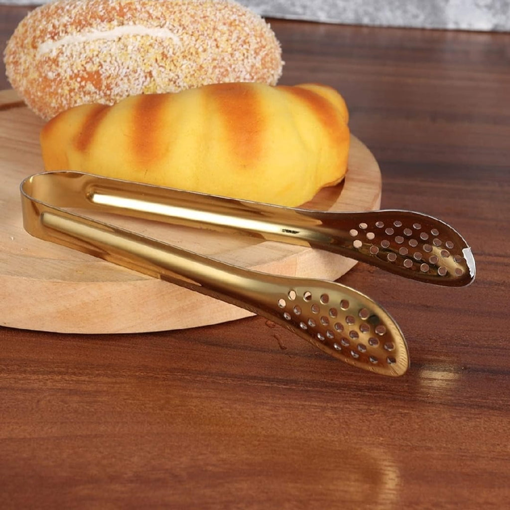 Mini Stainless Steel Food Serving Tong ? 6 Inch Strainer Tong with 28-Hole Flat Head for Salad, Ice Cubes, Pastries, Frying &amp; Tea