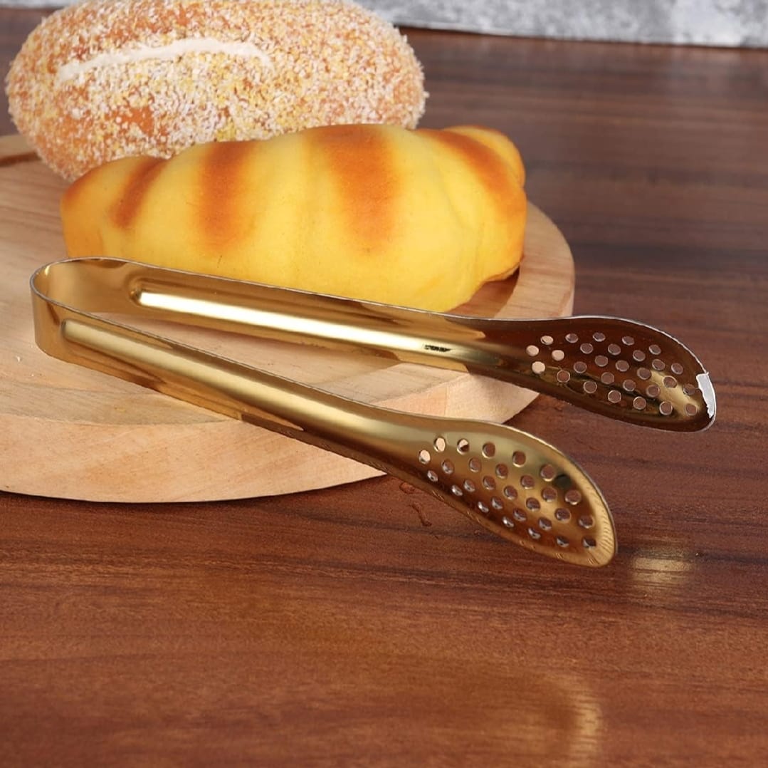 Mini Stainless Steel Food Serving Tong ? 6 Inch Strainer Tong with 28-Hole Flat Head for Salad, Ice Cubes, Pastries, Frying &amp; Tea