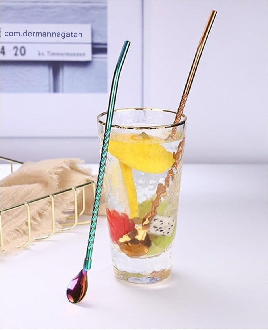 6-Piece Reusable Stainless Steel Straw Spoons with Cleaning Brush ? Eco-Friendly