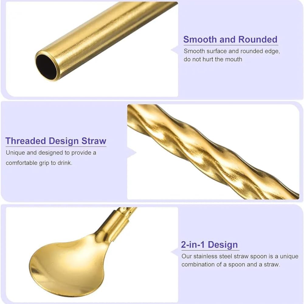 6-Piece Reusable Stainless Steel Straw Spoons with Cleaning Brush ? Eco-Friendly