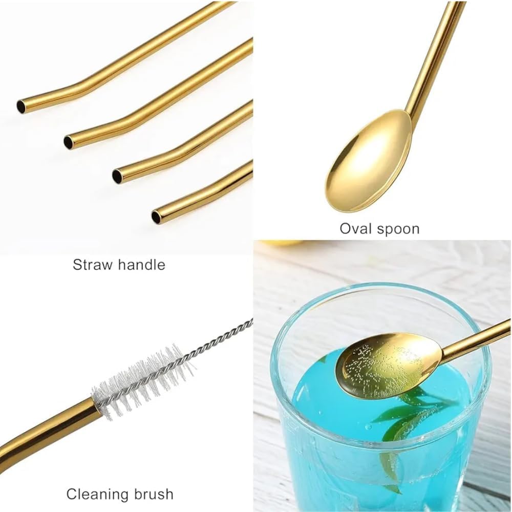 6-Piece Reusable Stainless Steel Straw Spoons with Cleaning Brush ? Eco-Friendly