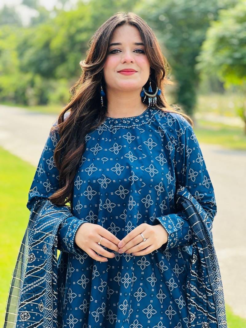 Uswa Zia 3 Piece Printed Swiss Lawn Suit ? Blue, Stiched Suit (Standard Size)