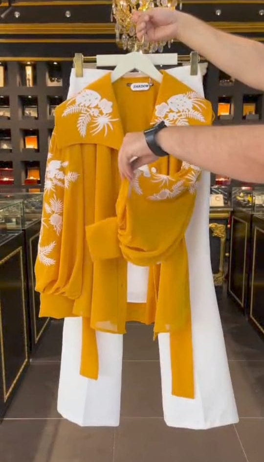 Women?s 3-Piece Mustard Embroidered Chiffon Western Maxi Set ? Upper, Inner &amp; Belt, Medium Size, Elegant Party Wear