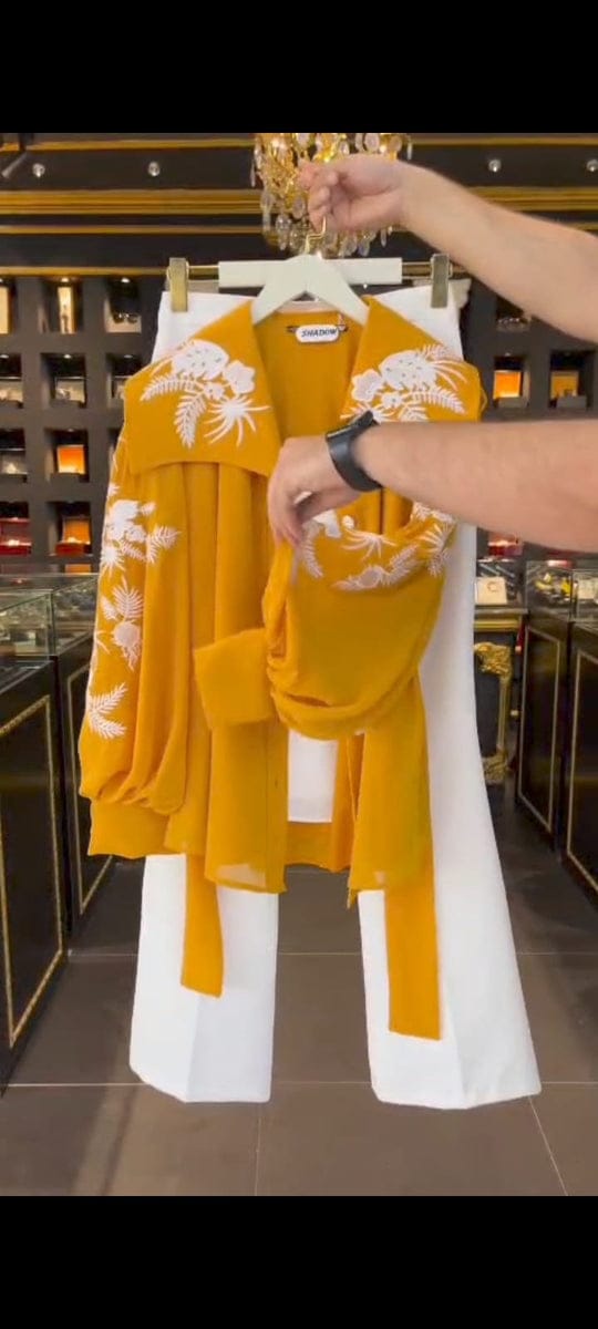 Women?s 3-Piece Mustard Embroidered Chiffon Western Maxi Set ? Upper, Inner &amp; Belt, Medium Size, Elegant Party Wear