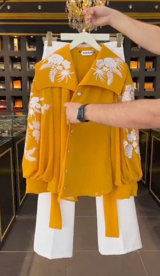 Women?s 3-Piece Mustard Embroidered Chiffon Western Maxi Set ? Upper, Inner &amp; Belt, Medium Size, Elegant Party Wear