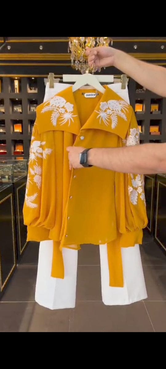 Women?s 3-Piece Mustard Embroidered Chiffon Western Maxi Set ? Upper, Inner &amp; Belt, Medium Size, Elegant Party Wear