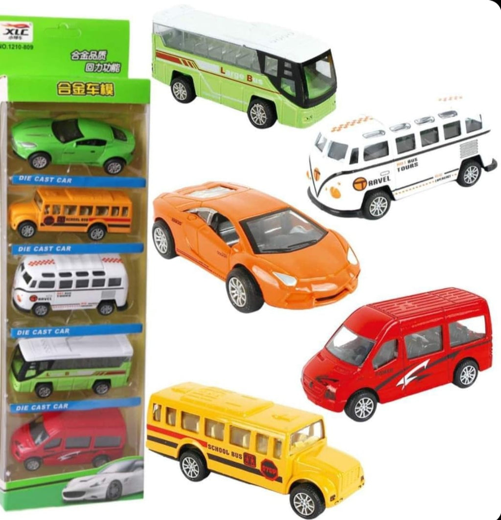 5-Piece Die Cast Metal Car and Bus Set ? 1:64 Scale City Vehicle Collection for Kids ? Pull Back &amp; Release ? Durable Metal &amp; Plastic Construction ? Educational Toy for Ages 3